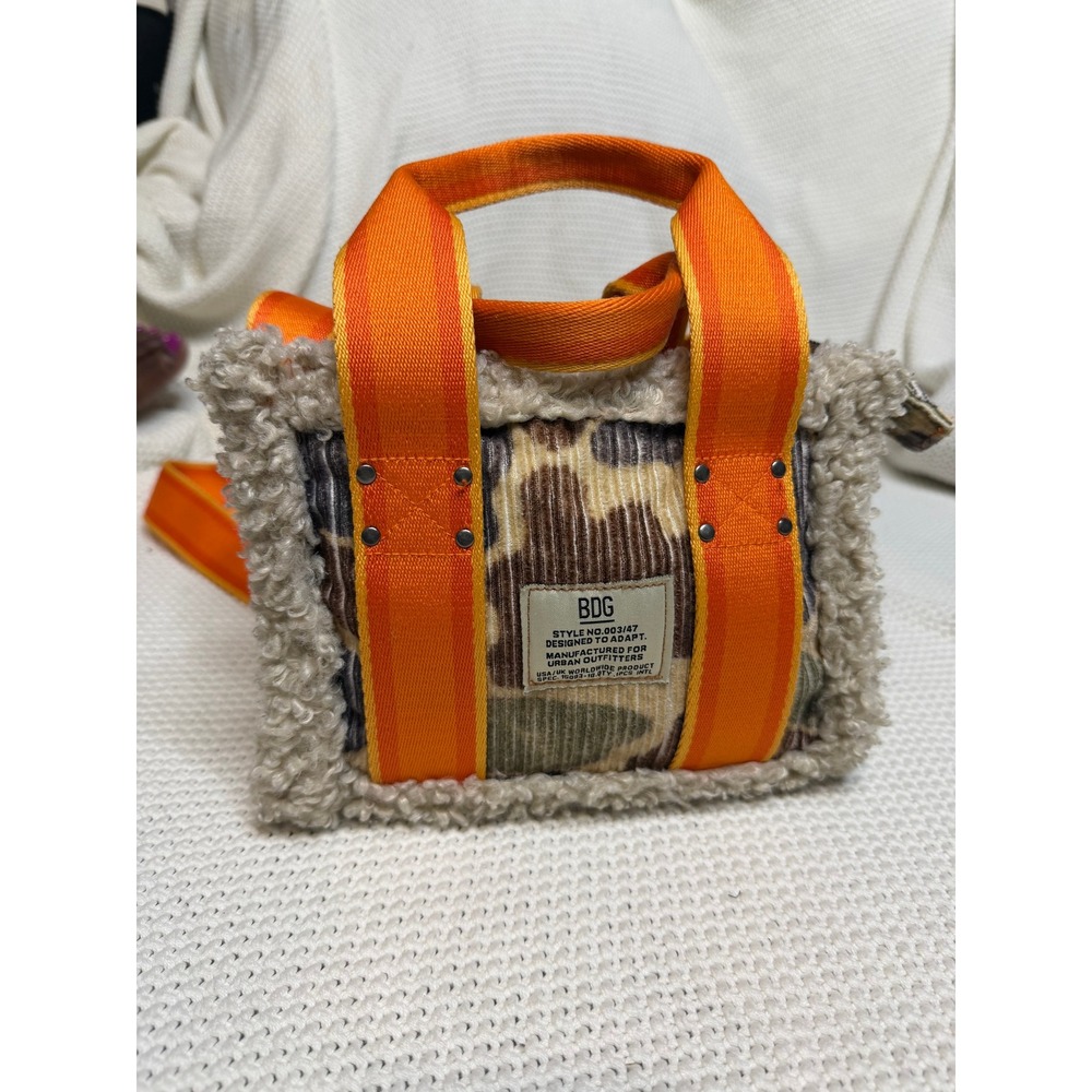 BDG Urban Outfitters Camo Corduroy Mini Tote Bag Shearling Trim Orange Strap